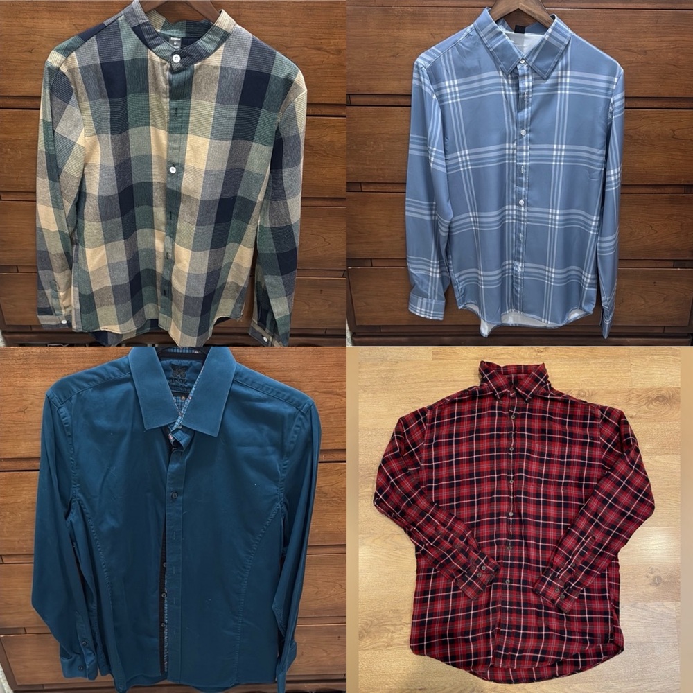 SHEIN Bundle- 4 Men's Casual Plaid and Solid Shirts, Size Medium